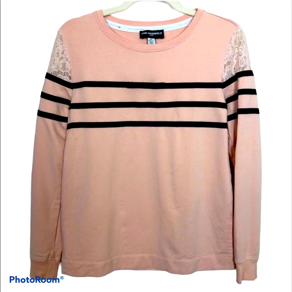 KARL LAGERFELD  Pink Black Velvet Bow Sweater